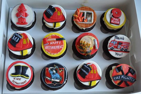 Firefighter Cupcakes Ideas, Firefighter Cookies, Retirement Cupcakes, Fireman Cupcakes, Firefighter Cupcakes, Fire Truck Cupcakes, Firefighter Cookie, Cupcakes For Sale, Fire Fighter Cake