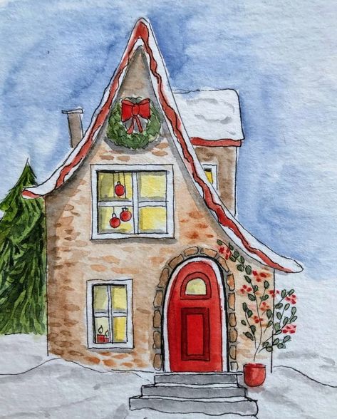 © Artist Nanette Wielinga, located in The Netherlands • @nanettewielinga on Instagram Christmas House Drawing, Cottage Art, House Drawing, Cute House, Christmas House, Holiday Cards, Cottage, Christmas Cards, Illustration Art