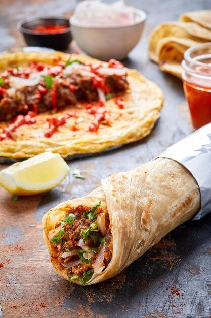 Kathi Rolls Photography, Dips Photography, Shawarma Photography, Beef Bhuna, Kebab Aesthetic, Food Shawarma, Shawarma Wrap, Paneer Kathi Roll, Kebab Wrap