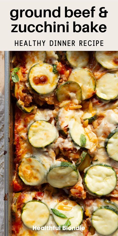 This easy ground beef casserole recipe with zucchini is rich, cheesy, and protein-packed. It's simple and delicious healthy comfort food that's lightened up with cottage cheese and filled with veggies. Perfect for a comforting weeknight dinner! Meals With Veggies And Protein, Ground Beef Zucchini Potato Recipes, Ground Beef Cottage Cheese Casserole, Ground Beef Goat Cheese Recipes, Main Dish With Zucchini, Ground Sausage Healthy Recipes, Ground Beef And Squash Casserole, Hamburger Squash Recipes, Zucchini Recipes Protein