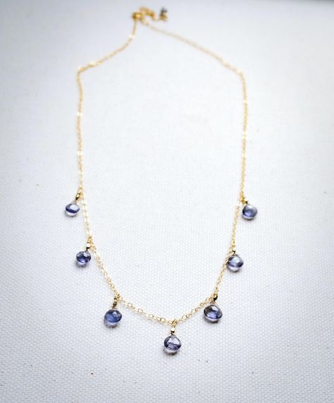 Gemstone Necklace, Gold Filled Chain and Iolite Necklace, Minimalist Delicate Gemstone Necklace, Gemstones on Chain Iolite Necklace, Dainty Gemstone Necklace, Bead Dangles, Bluish Purple, Tear Drops, Sparkling Diamond, Labradorite Beads, Necklace Minimalist, Beaded Dangles