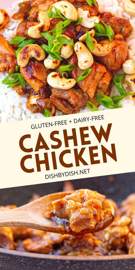 This easy gluten-free cashew chicken is better than takeout! Savory, sweet with a hint of sour, and tossed with crunchy cashews for a delicious texture, you'll be making this easy Asian dinner on repeat! Totally dairy-free too. Easy Asian Dinner, Chinese Cashew Chicken, Chicken Cubes, Cashew Chicken Recipe, Asian Dinner, Chicken Receipes, Asian Dinners, Chinese Cooking Wine, Better Than Takeout