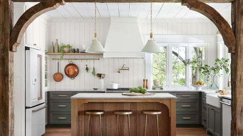 Joanna Gaines shows us how to embrace the green kitchen trend | Real Homes Gaines Kitchen, Joanna Gaines Kitchen, Wood Kitchen Island, Green Cabinets, Stunning Kitchens, Kitchen Trends, Cottage Kitchen, Joanna Gaines, Green Kitchen