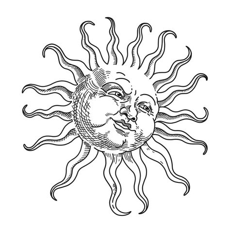 Medieval Sun Illustrations, Sun Sketch Tattoo, Monster High Tattoo, Sun Engraving, Medieval Sun, Sun Sketch, Drawing Sun, Sublime Sun, Optical Illusion Tattoos