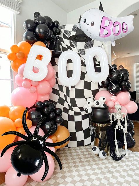 113 piezas Letras blancas "Boo" de Halloween, coronas y arcos de globos naranja, rosa, negro. Incluye globos blancos "Boo" de 32", globos lindos de fantasma, globos negros de araña. Adecuado para decoración de fiesta de Halloween, decoración de casa encantada, interior y exterior Multicolor    Látex     Event & Party Supplies, size features are:Bust: ,Length: ,Sleeve Length: Boo Balloons, Globos Halloween, Ghost Balloons, Balloon Wreath, Disposable Mascara Wands, Black Balloon, Haunted House Props, Soak Off Gel Nails, Gel Nail Extensions