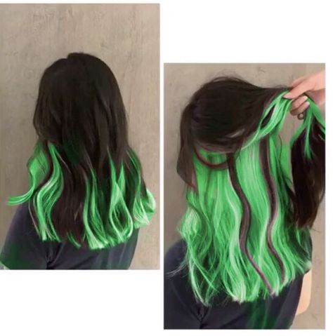 Bottom Half Dyed Hair Green, Under Hair Dye Green, Under Dyed Hair Green, Green Peekaboo Highlights, Under Half Hair Dye, Green Underdye Hair, Green Peekaboo Hair, Split Dyed Hair Underneath, Under Dyed Hair