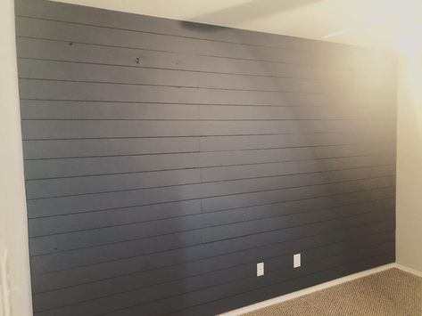 Navy Shiplap Wall, Navy Shiplap, Dark Grey Walls, Shiplap Wall, Grey Wall, Ship Lap Walls, Grey Walls, Blinds, Dark Grey