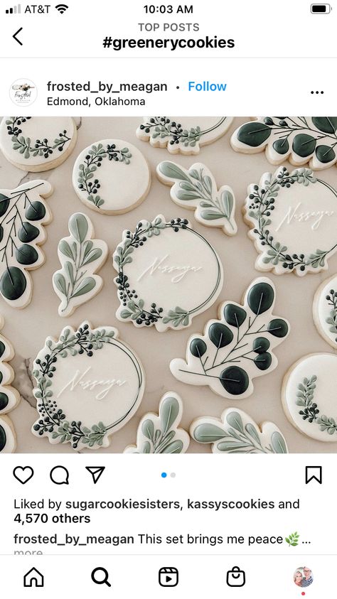 Eucalyptus Leaf Cookies Decorated, Green And White Wedding Cookies, Greenery Cookies Decorated, Eucalyptus Cookies Decorated, Greenery Wedding Cookies, Sage Green Cookies, Eucalyptus Cookies, Iced Wedding Cookies, Wedding Royal Icing Cookies