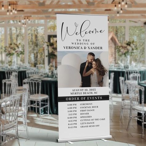 $140.86 | Wedding Order of Events Photo Welcome #minimal, order of events, simple, wedding timeline, wedding welcome, white and black, retractable wedding banner, wedding banner with photo, minimalist, wedding order of events Wedding Order Of Events, Wedding Banners, Order Of Events, Black Banner, 60 Wedding Anniversary, Retractable Banner, Elegant Photo, Wedding Order, Wedding Banner