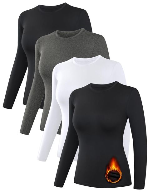 PRICES MAY VARY. 🔥[Heat Retention]: This women's long sleeve fleece-lined shirts provides excellent warmth, making it perfect for cold weather. Whether you're braving winter snow or engaging in activities in low temperatures, it effectively keeps you warm and comfortable. 😊[Soft and Skin-friendly Material]: Crafted from high-quality, soft fabric, this garment ensures exceptional comfort. The material not only provides warmth but also gently caresses your skin, offering a cozy and pleasant wear Tops For Winter, Women Winter Clothes, Business Casual Outfits Winter, Compression Long Sleeve, Business Casual Winter, Thermal Base Layer, Womens Thermal, Thermal Shirt, Winter Cold