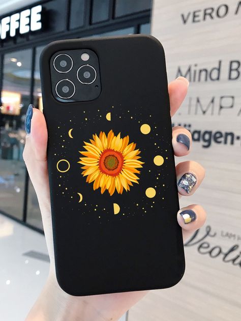 Black    TPU Floral Phone Cases    Phone/Pad Accessories Sunflower Mobile Cover, Flower Phone Case Painting, Black Mobile Cover Painting, Phone Case Posca, Draw On Phone Case, Painted Iphone Cases Diy, Black Phone Cover Painting Ideas, Phone Painting Ideas, Mobile Cover Design Phone Cases