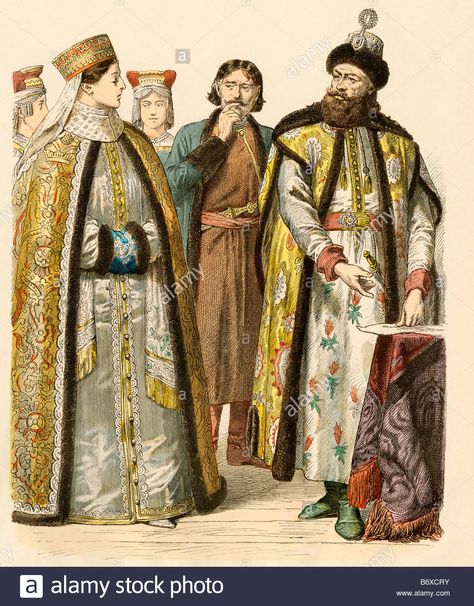 Russian boyars or nobles during the time of Peter the Great 1600s 1700s Stock Photo Traditional European Clothing, Russian Traditional Clothing Male, Traditional Russian Dress, Russian Clothes, Russian Traditional Clothing, Native Costume, Wind Pictures, Slavic Clothing, Russian Clothing