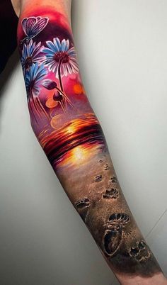 Half Sleeve Tattoos For Women Cardinal, Cool Back Tats Women, Bright Colorful Tattoos For Women, Woman Color Sleeve Tattoo, Beach Flower Sleeve Tattoo, Best Sleeve Tattoos For Women Beautiful Color, Colourful Cover Up Tattoo, Flower Tattoo Designs Colored, Womens Sleeve Tattoo Ideas Unique Color