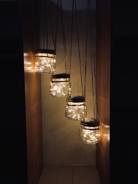 hanging lights in mason jar Fairy Lights In A Jar, Diy Mason Jar Lights, Mason Jar Lights, Hanging Jars, Light Drinks, Herb Wall, College House, Diy Mason Jar, Sweet Jars