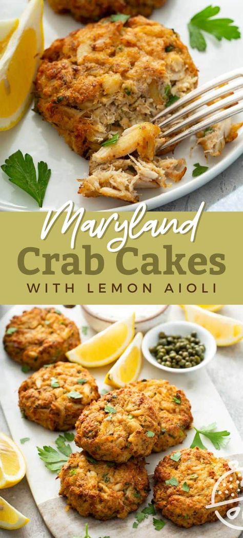 These Maryland Crab Cakes are the absolute best crab cakes ever! Made with flaky lump crab meat, lemon, fresh herbs and Old Bay seasoning, these golden brown baked crab cakes are served with a simple and incredibly tasty Lemon Aioli. #crab #lemonblossoms #appetizer #seafood #easy #baked #recipe Crab Cake Aioli, Mini Crab Cakes Appetizers, Can Crab Meat Recipes, Frozen Crab Cakes, Crab Cake Appetizer, Best Crab Cakes, Baked Crab Cakes, Homemade Crab Cakes, Entertaining Dishes