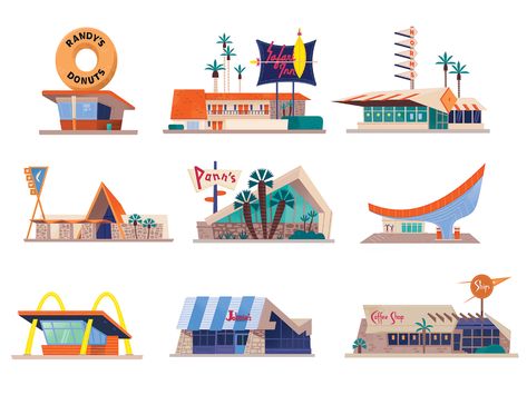 Googie Icons by Alexander Vidal on Dribbble Googie Design, Atomic Age Design, Googie Architecture, Mid Century Illustration, Mid Century Architecture, Atomic Age, Mid Century Modern Art, Mid Century Art, Bathtubs