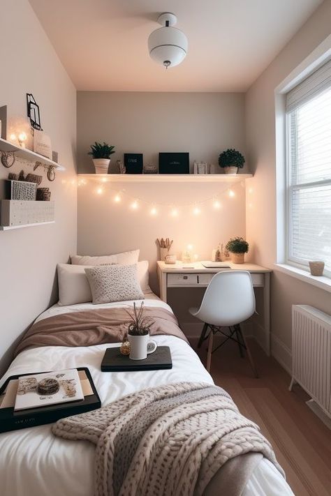 #homedecor #roomdecor #roominspo #roomidea Cosy Single Bedroom Ideas, Mini Bedroom Aesthetic, Cute Uni Accomodation, Uni Bedroom Decor, Student Accommodation Room Ideas, Small Bedroom Setup, Uni Dorm Ideas, Tiny Room Ideas Bedrooms, Teenage Room Designs