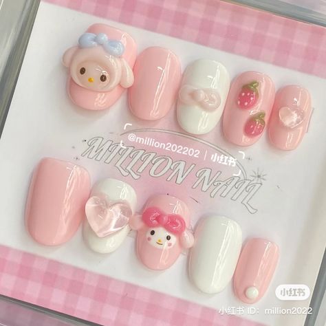 3d Sanrio Nails, Sanrio Nails Short, Japanese Nail Art Kawaii, Almond Nails Pink, Kutek Disney, Cute Short Nails, Japanese Nail Art, Gel Nails Diy, Basic Nails