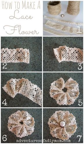 How to Make a Lace Flower... totes adorbs Simpul Pita, Buat Pita, Lace Crafts, Burlap Crafts, Burlap Flowers, Mom Diy, Pola Sulam, Cloth Flowers, Fabric Flowers Diy