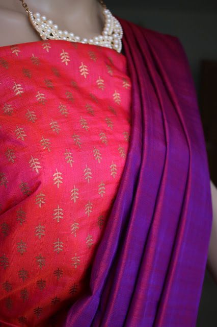 Purple Mysore Silk Saree Contrast Blouse, Violet Colour Saree Contrast Blouse, Contrast Colour Combination Saree, Purple Saree Blouse Combination, Plain Soft Silk Saree, Violet Saree, Saree Contrast Blouse, Raw Cream, Simple Anarkali