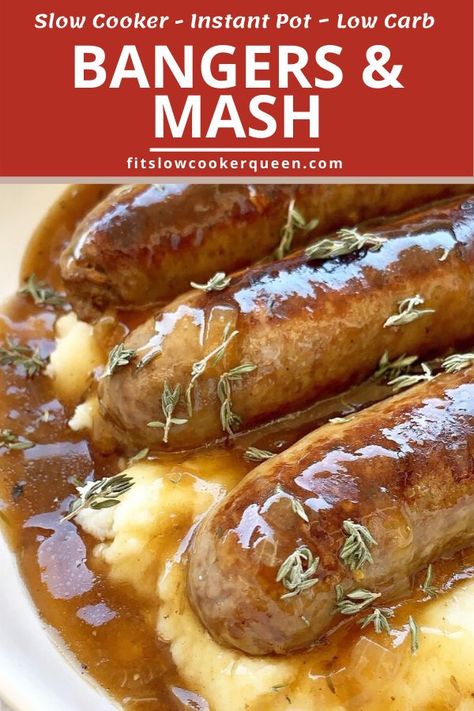 Bangers and mash also known as sausages and mashed potatoes is traditionally a hearty and comforting dish. This lighter, cleaned up version uses a simple homemade gravy and mashed cauliflower to make it low-carb, paleo, and whole30 compliant. #fitslowcookerqueen #bangersandmash #cauliflowermash #slowcookerbangers Crockpot Bangers And Mash, Slow Cooker Bangers And Mash, Paleo Bangers And Mash, Bangers And Mash Crockpot, Brats Recipe, Paleo Sausage, Bangers And Mash Recipe, Supper Idea, Mashed Cauliflower Recipe