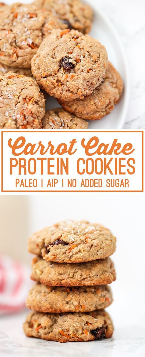 These Paleo Carrot Cake Protein Cookies are perfect for dessert or snacks on the go! Aip Cookies, Carrot Cake Protein, Aip Snack, Paleo Carrot Cake, Paleo Snack, Snacks On The Go, Aip Desserts, Carrot Cake Cookies, Healthy Protein Snacks