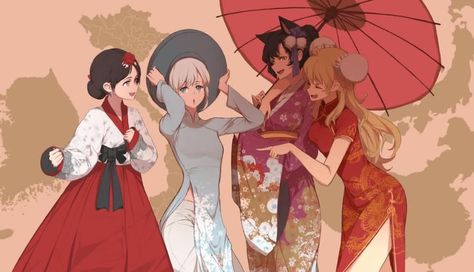 Ruby - Korean Hanbok  Weiss - Vietnamese Ao dai  Blake - Japanese Kimono Yang - Chinese Qipao Ruby Rwby, Asian Dresses, Rwby Volume, Chinese Qipao, Rwby Ships, Blake Belladonna, Team Rwby, Rwby Fanart, Rwby Anime