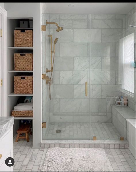 Walk In Shower With Shelves On The Side, Mobile Home Bathroom Remodel Ideas, Master Shower And Bath, Master Bathrooms With Gold Fixtures, Small Walk In Shower Tile Ideas, Small Bathroom Steam Shower Ideas, Narrow Bathroom Closet, Bathroom Standing Shower Ideas, Small Bathroom With Standup Shower Ideas