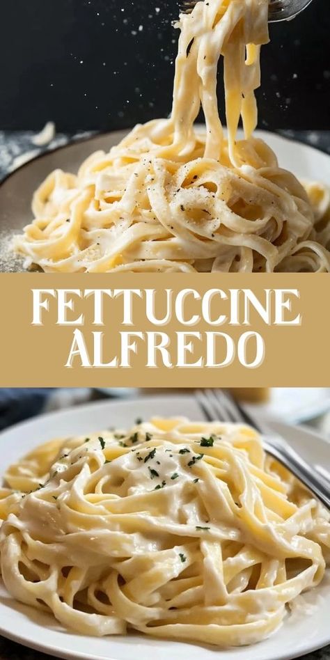 Fettuccine Alfredo Ingredients: 12 oz fettuccine pasta 1 cup heavy cream 1/2 cup unsalted butter 1 cup freshly grated Parmesan cheese 2 cloves garlic, minced Salt and black pepper, to taste Fresh parsley, chopped (for garnish) #Fettuccine #Alfredo Pasta Using Heavy Cream, One Pot Fettuccine Alfredo, Slow Cooker Fettuccine Alfredo, Heavy Cream Pasta Recipes, Creamy Fettuccine Pasta, Fettucine Alfredo With Chicken, Fettuccini Alfredo Recipe, Fettachini Alfredo Recipes, Crockpot Fettuccine Alfredo