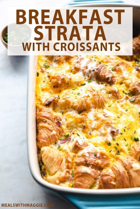 Breakfast Recipes With Croissants, Strata Recipes Breakfast, Croissant Breakfast Casserole, Strata Recipes, Breakfast Strata, Baked Breakfast, Ns 200, Croissant Breakfast, Croissant Recipe