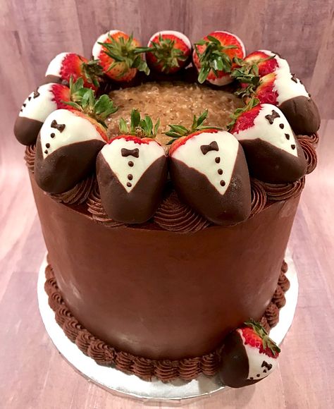 German chocolate grooms cake! #nikijoycakes #cake #germanchocolate #chocolatebuttercream #groomscake #tuxedostrawberries German Chocolate Grooms Cake, Grooms Cake Chocolate, Tuxedo Strawberries, Chocolate Grooms Cake, Groomsman Cake, Grooms Cakes, German Chocolate, Chocolate Chocolate, Chocolate Buttercream