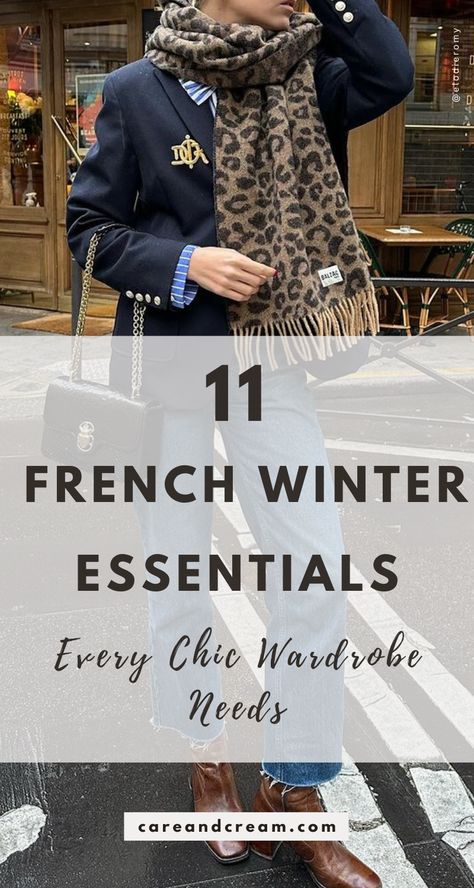 Uncover the 11 key French winter wardrobe essentials every woman needs to stay stylish and warm. Discover the French winter style basics, and the staples needed for a classic, minimalist French capsule wardrobe. Delve into the aesthetic of Parisian chic and master the art of staying cozy and stylish in cold weather. French winter fashion women, winter essentials clothes women. Winter Essentials Clothes Women, French Winter Style, Outfit Ideas Winter Aesthetic, Parisian Capsule Wardrobe, French Winter Fashion, French Wardrobe Essentials, Dress Like A French Woman, Essentials Clothes, Winter Essentials Clothes