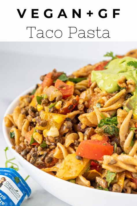 This taco pasta is a combination of pasta and Mexican food! It’s delicious, family friendly, budget friendly, easy and vegan. Make it gluten-free with gluten-free pasta. Meal prep this dish to save time. #pasta #tacopasta #veganpasta #easypasta #plantbaseddiet Vegan Taco Pasta Salad, Vegan Taco Pasta, Pasta Meal Prep, Healthy Vegan Pasta, Vegetable Tacos, Vegan Taco Salad, Gluten Free Tacos, Vegan Taco, Vegetarian Meals For Kids