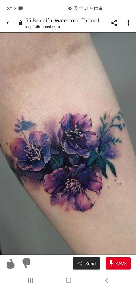 Purple Flower Tattoo, Floral Watercolor Tattoo, Purple Flower Tattoos, Rose Drawing Tattoo, Flower Wrist Tattoos, Black Girls With Tattoos, Daisy Tattoo, Floral Tattoo Sleeve, Gorgeous Tattoos