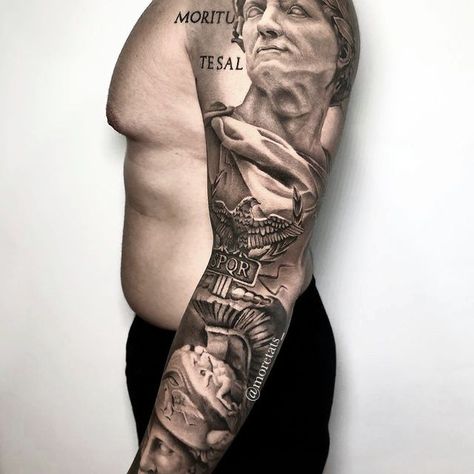 Roman theme, sculpture, warrior, full of history Roman Sleeve Tattoo, Historical Tattoos, Sleeve Tattoo, Sleeve Tattoos, Portrait Tattoo, Sculpture, Tattoos, History