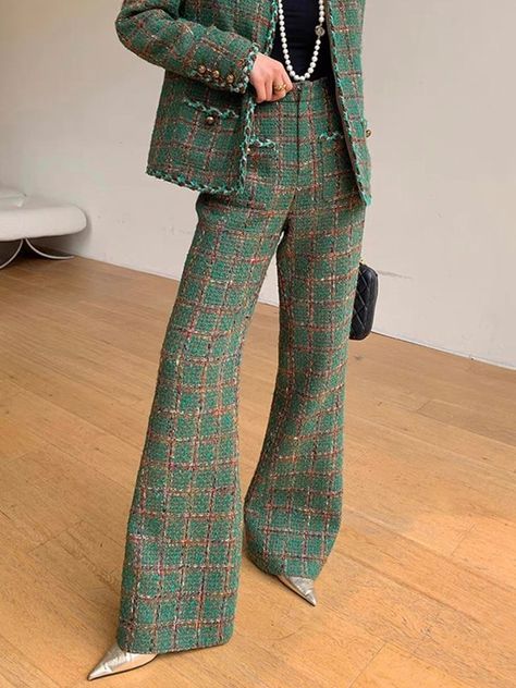 stylewe Tweed Fashion, Color Combos Outfit, Tweed Pants, Plaid Fashion, Blazer Outfits, Type Of Pants, Business Attire, Tweed Jacket, High Waisted Pants