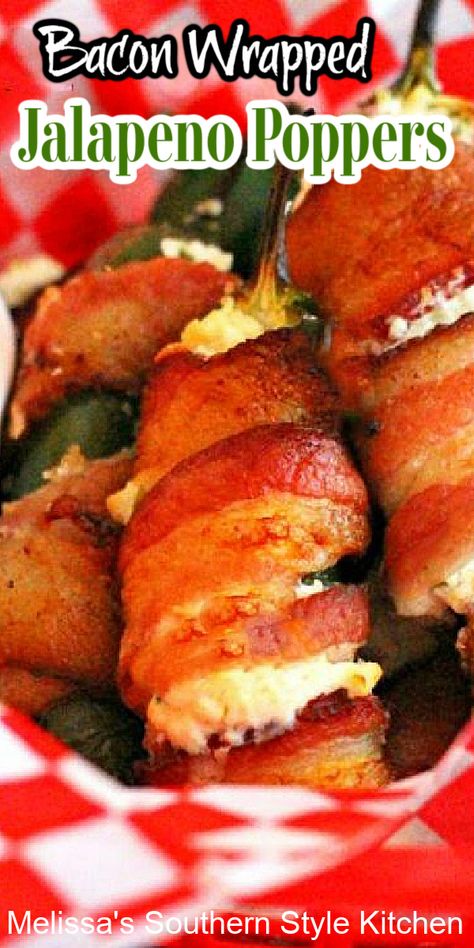 Stuffed Bacon Wrapped Jalapeno Poppers - melissassouthernstylekitchen.com Baked Jalapeno Poppers, Grilled Jalapeno Poppers, Wrapped Jalapeno Poppers, Oven Baked Bacon, Bacon Wrapped Jalapeno Poppers, Bacon Wrapped Jalapenos, Poppers Recipe, Bacon On The Grill, Bacon Appetizers