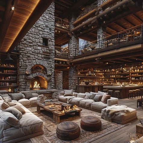 Lodge House Interior, Cabin Mansion Interior, Mountain Lodge Interior Design, Cozy Mansion, Lodge Great Room, Log Living Room, Lodge Family Room, Farm Mansion, Giant Living Room