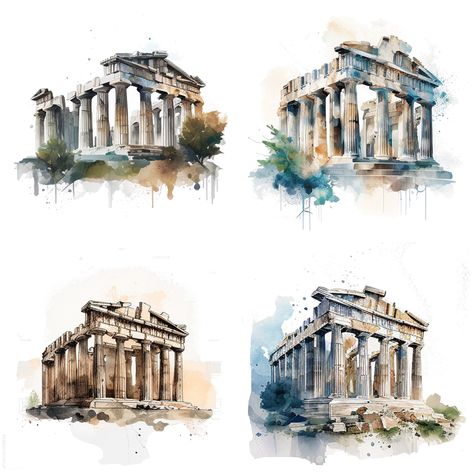 Parthenon Watercolor, Parthenon Architecture, Greek Watercolor, Ancient Greece Architecture, Ancient Greece History, Ancient Carthage, Greece Architecture, The Parthenon, Temple Art