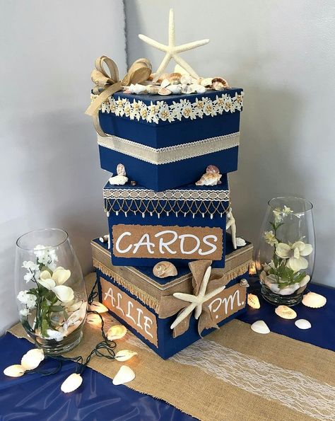 Card box for a beach themed graduation party.  Could be used for wedding, bridal shower, birthday parties, ect. Ocean Graduation Party, Coastal Graduation Party, Beach Theme Graduation Party, Nautical Wedding Card Box Ideas, Card Box Wedding Fishing, Beach Theme Card Box Wedding, Graduation Party Outfit, Themed Graduation Party, Wedding Card Wordings