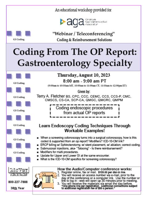 Just added "Coding from the OP Report: GI Specialty on Aug. 10, 2023. Some of the topics being covered - ■ When a screening colonoscopy turns into a surgical colonoscopy, how is this coded & supported from an op report? Modifiers? ICD-10-CM link? ■ ERCP billing w/ Sphincterotomy, w/ stent placement, w/ ablation; correct coding. Here's link to register online - http://www.mcveyseminars.com/index.php?crn=223&rn=3094&action=show_detail / you can also register by faxing in to (415)892-1271 How To Code, Icd 10, Register Online, Medical Coding, Learn To Code, Medical, Coding, Turn Ons, Education