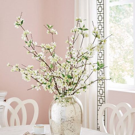 Spring Home Refresh: Ballard Designs Friends & Family Event | Jo-Lynne Shane Globe Vase Flower Arrangement, Dining Room Table Flower Arrangements, White Stems For Vase, Floral Stems In Vase, Large Branches In Vase, Townhouse Ideas, Vase With Branches, Tulip Decor, Filler Flowers