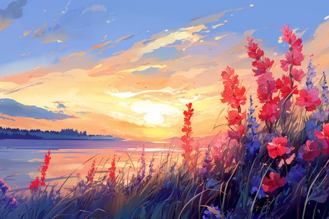 Red wildflowers basking in sunset Scenery Painting Digital, Anime Field Of Flowers, Flower Field Digital Art, Digital Art Flowers Illustrations, Flower Field Anime, Flower Field Illustration, Flower Field Background, Flower Field Watercolor, Red Flower Field