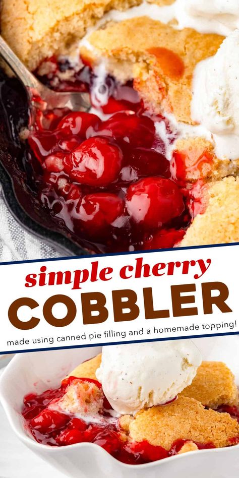 This mouthwatering cherry cobbler is made with canned cherry pie filling (for convenience) and a simple cake batter. As the cobbler is baked, the batter bakes up into a cobbler-style crust on top of the sweet cherries. This recipe is extremely versatile, so you can use homemade pie filling instead of canned, or switch up and use a different fruit filling! Easy Cherry Crisp, Cherry Crisp Recipe Easy, Fresh Cherry Cobbler, Cherry Crisp Recipe, Easy Cherry Cobbler, Fresh Cherry Recipes, Cherry Recipes Dessert, Cherry Cobbler Recipe, Cherry Crisp