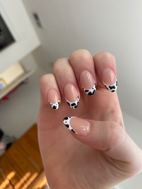 Nails For Western, Cow Print French Tips Almond, Cute Cowgirl Nails Short, Simple Nail Designs Cow Print, Short Acrylic Nails Almond Cow Print, Cow Print Nail Designs Acrylic, Simple Cow Nail Designs, French Nails Cow Print, Cow Nails Designs Short