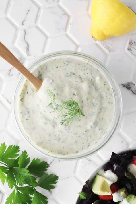 Green Goddess Ranch Dressing, Green Goddess Ranch, Goddess Dressing Recipe, Vegan Crab Cakes, Dairy Free Sauces, Vegan Crab, Sauce For Salmon, Plant Based Yogurt, Goddess Dressing