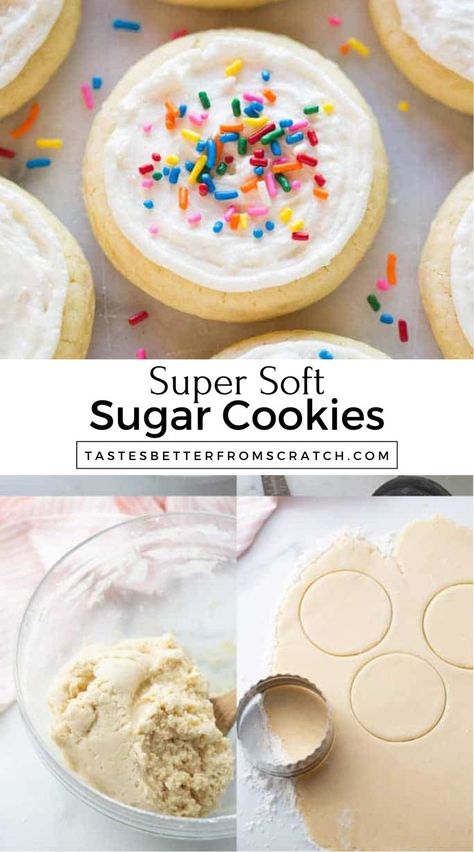 Simple Super Soft Sugar Cookies recipe. Perfect for holiday decorating and gift-giving. Better Homes And Gardens Sugar Cookie Recipe, Sugar Cookie Cutout Recipe Best, Super Soft Sugar Cookies, Frosted Sugar Cookies Recipe, Easy Sugar Cookies Recipe, Best Soft Cookies, How To Make Sugar Cookies, Sugar Cookie Recipe Cut Out, Easy Soft Sugar Cookie Recipe