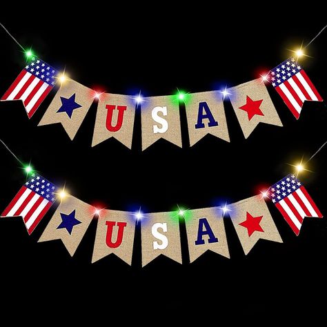 PRICES MAY VARY. Burlap [ 2 Pack American USA Flag Banners ] Come with 2 pack USA Flag Burlap Banners with 2 Pack Led Colorful String Lights, Each banner has 7 flags include 2 stars(red, blue) + USA letters + 2 US flags. Patriotic Red White and Blue Decorations for 4th July. [ Patriotic Colorful String Lights] The patriotic banner with 2 pack of 8.2 Ft 24 Led Colorful String Lights. Powered by 3AA batteries(Not Included ). IP65 waterproof for the lights, but battery box is not waterproof. For in Red White Blue Decorations, Burlap Banners, Blue String Lights, Blue Decorations, Good Luck Clover, Patriotic Banner, Blue Party Decorations, Independence Day Decoration, Flag Banners