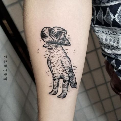 Based on his father and his pet crow. His father wore a cowboy hat and boots.  I just finished a podcast about crows ( so great timing) and… Cowboy Animals Tattoo, Animal In Cowboy Hat Tattoo, Animals With Cowboy Hats Tattoo, Pet Crow, Cowboy Hat Tattoo, Hat Tattoo, Spooky Tattoos, Ink Ideas, Crows