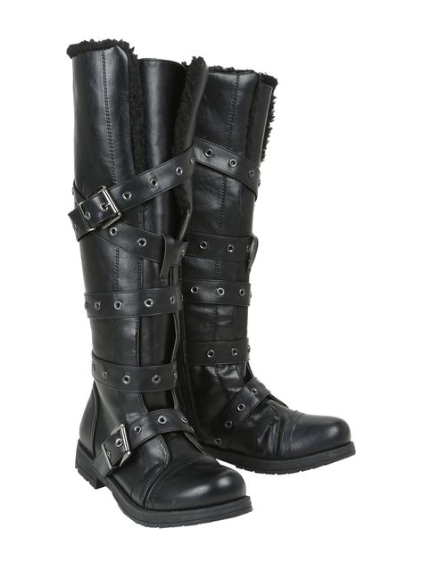 Black Sherpa Lined Knee-High Buckle Boots | Hot Topic Knee High Boots Men, Goth Casual, Medieval Boots, Long Black Boots, Black Leather Knee High Boots, Goth Boots, Black High Boots, Hot Boots, Steel Toe Boots